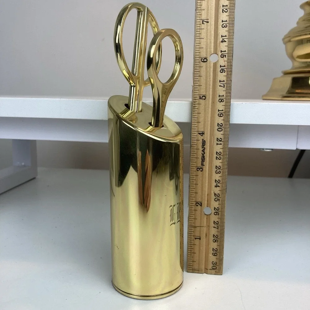 Vintage Modernist Solid Brass Gold Tone Scissors / Letter Opener Desk Set with H
